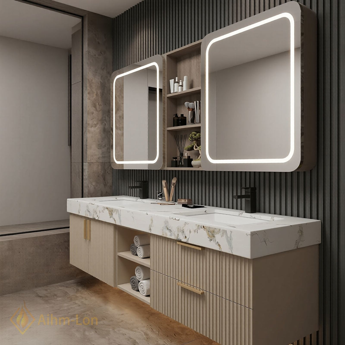 60''-96'' Double Bathroom Vanity with Sink Fluted Panel Marble Patterned Surface Dual