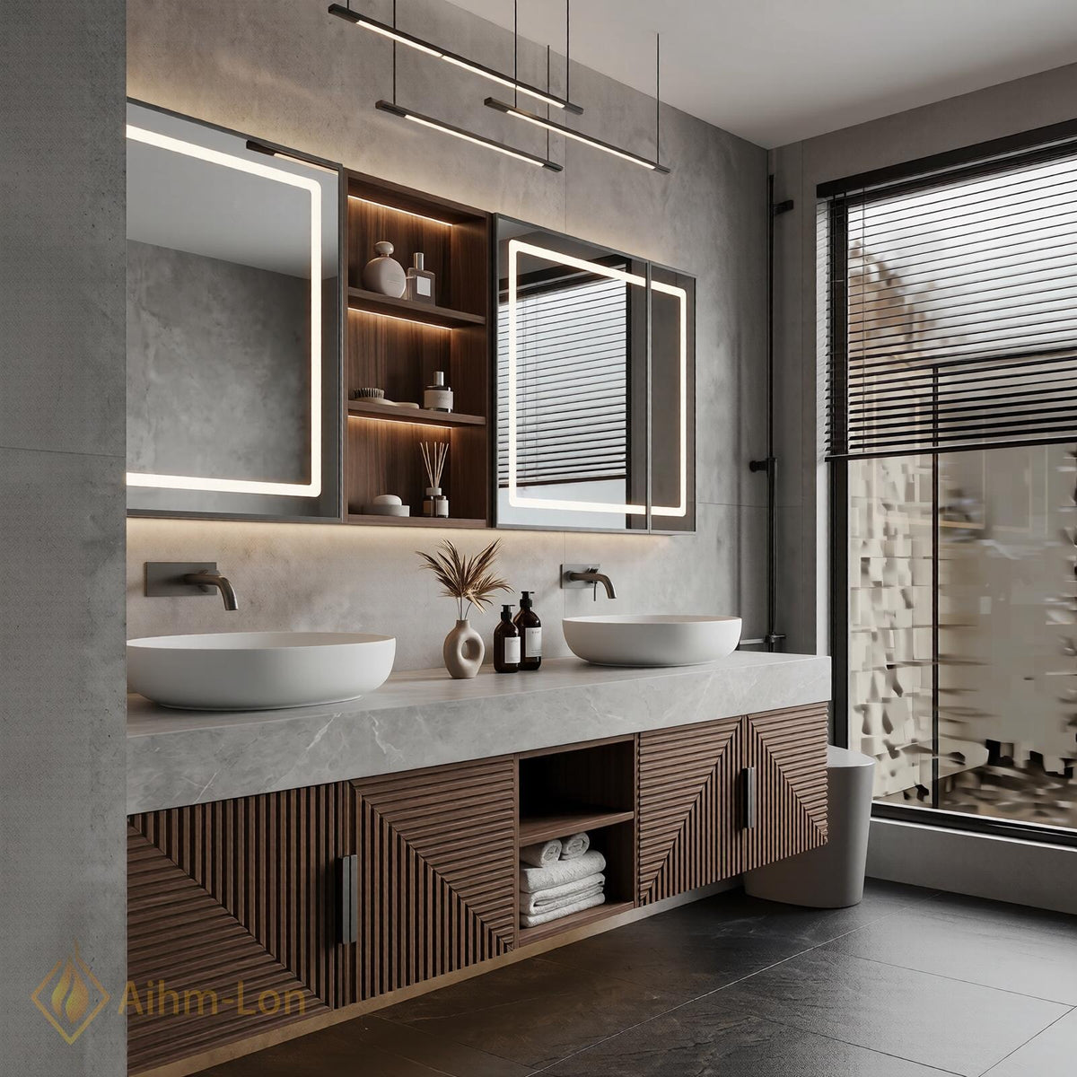 60''-96'' Double Bathroom Vanity with Sink Slatted Doors Rich Walnut Finish Geometric