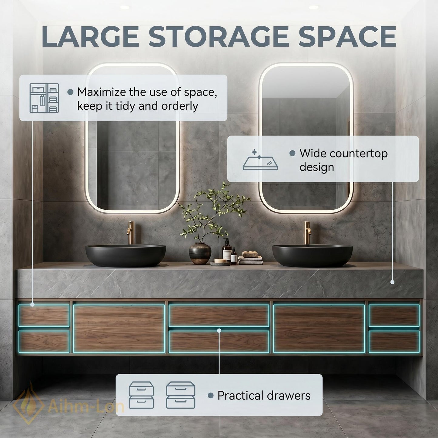 60''-96'' Double Bathroom Vanity with Sink Dark-Wood Modern Floating Grain Drawers