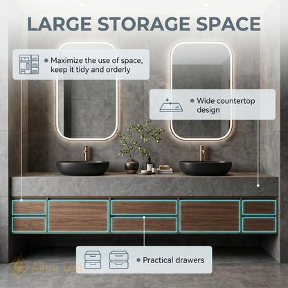 60''-96'' Double Bathroom Vanity with Sink Dark-Wood Modern Floating Grain Drawers