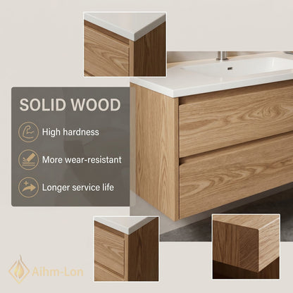 60''-96'' Sleek Bathroom Vanity with Sink Double Sink Wood Grain Central Open Shelf