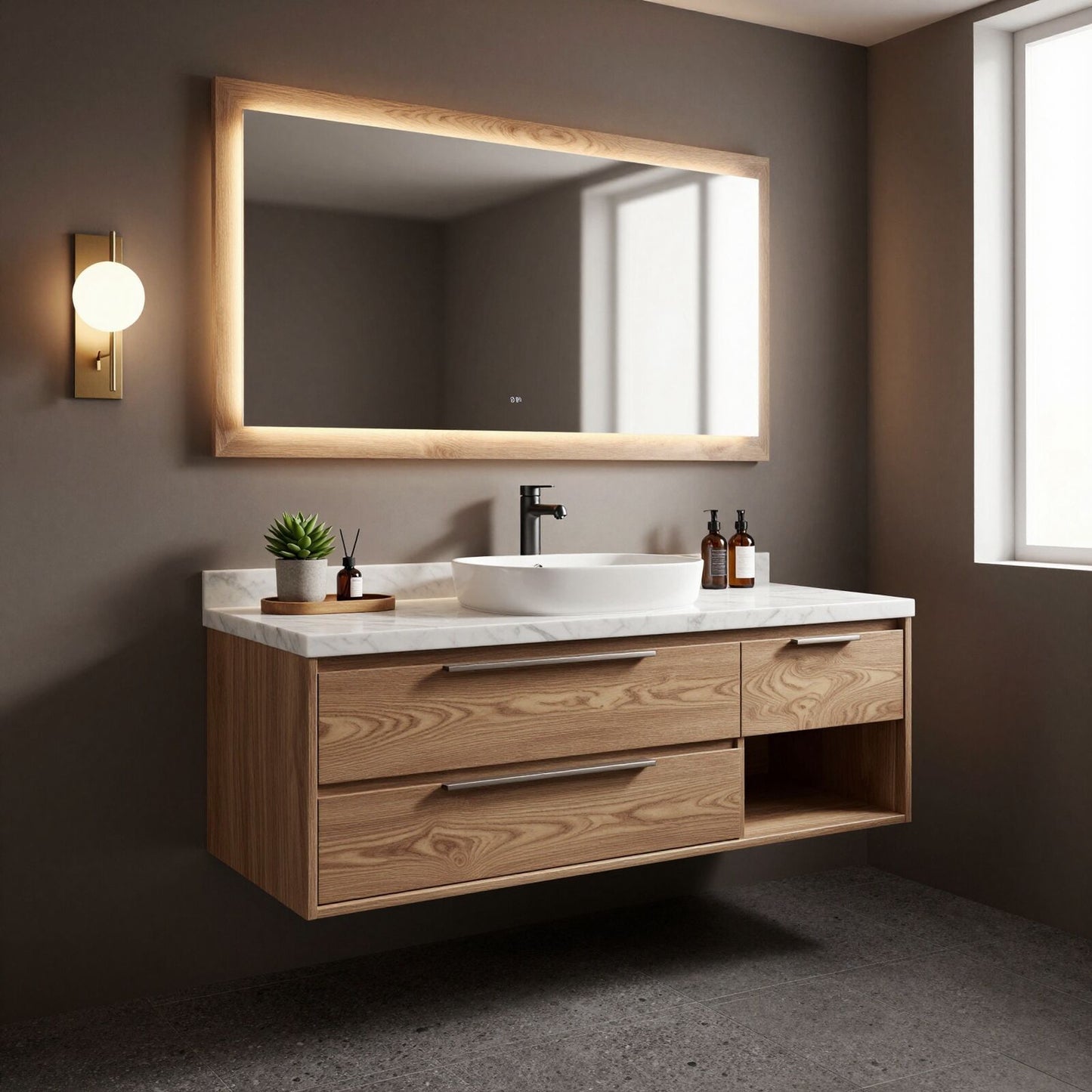 36''-64'' Modern Bathroom Vanity with Sink Marble Oak Floating Wood Grain Drawers
