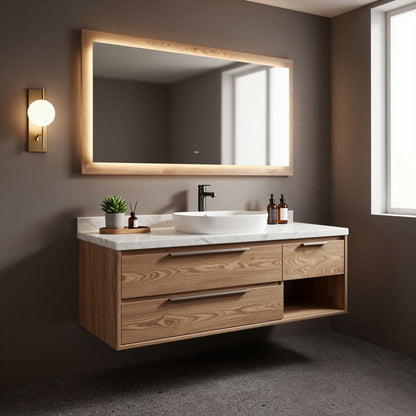 36''-64'' Modern Bathroom Vanity with Sink Marble Oak Floating Wood Grain Drawers
