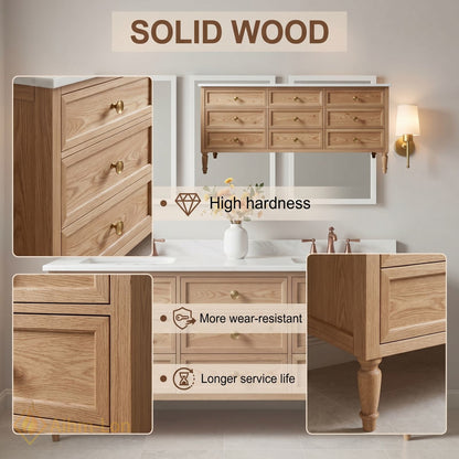72''-96'' Classic Bathroom Vanity with Sink Oak Nine Drawers Tapered Leg Cabinet