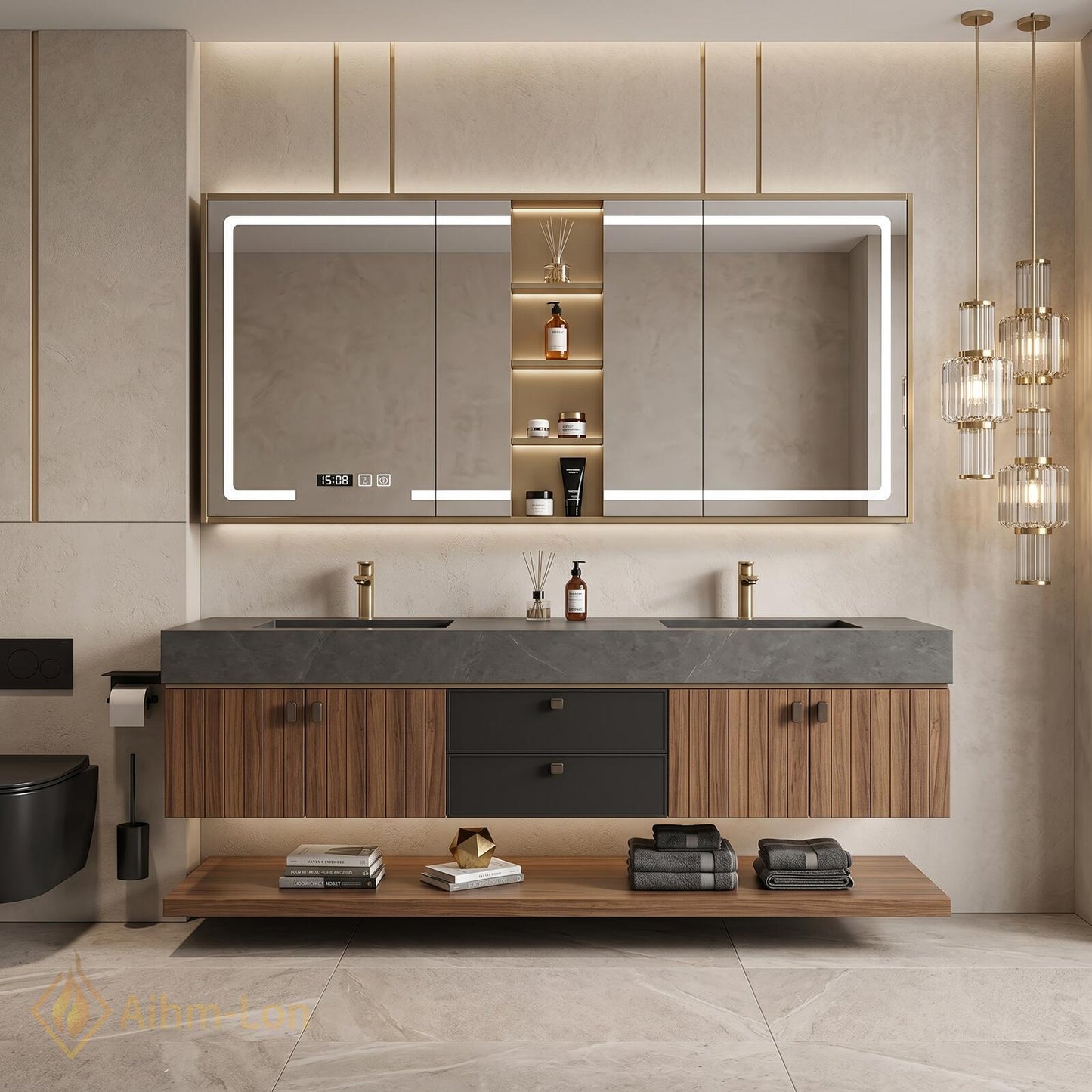 60''-96'' Double Bathroom Vanity with Sink Modern Floating Dark Stone Slatted Center