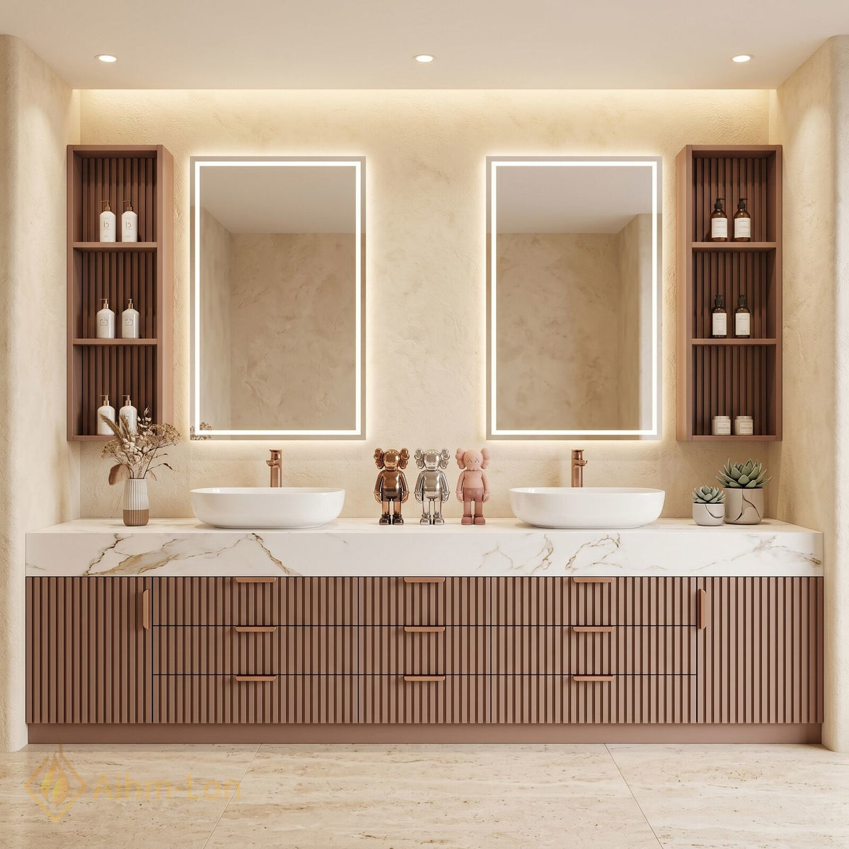 76''-96'' Double Bathroom Vanity with Sink Wood Slatted Front Wide Marble Top