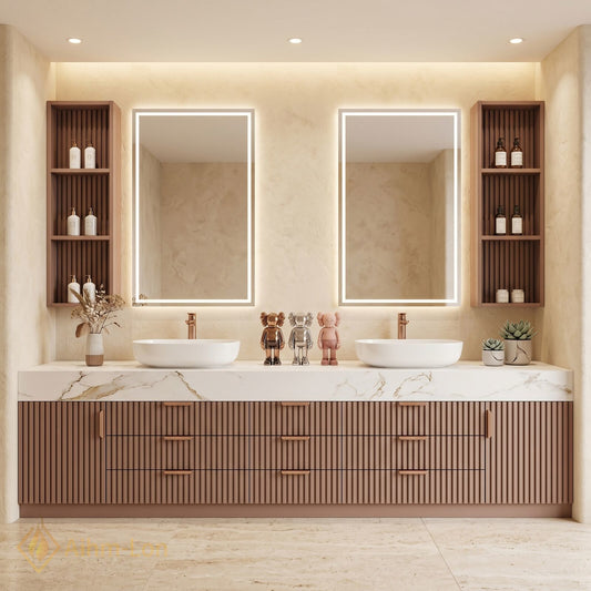 76''-96'' Double Bathroom Vanity with Sink Wood Slatted Front Wide Marble Top