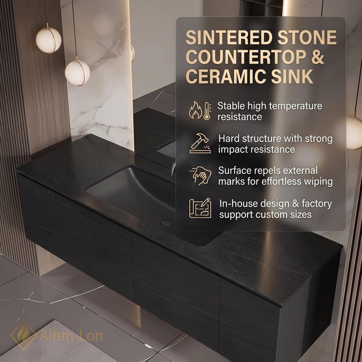 36''-110'' Double Bathroom Vanity with Sink Modern Sleek Dark Finish Spacious Shelving