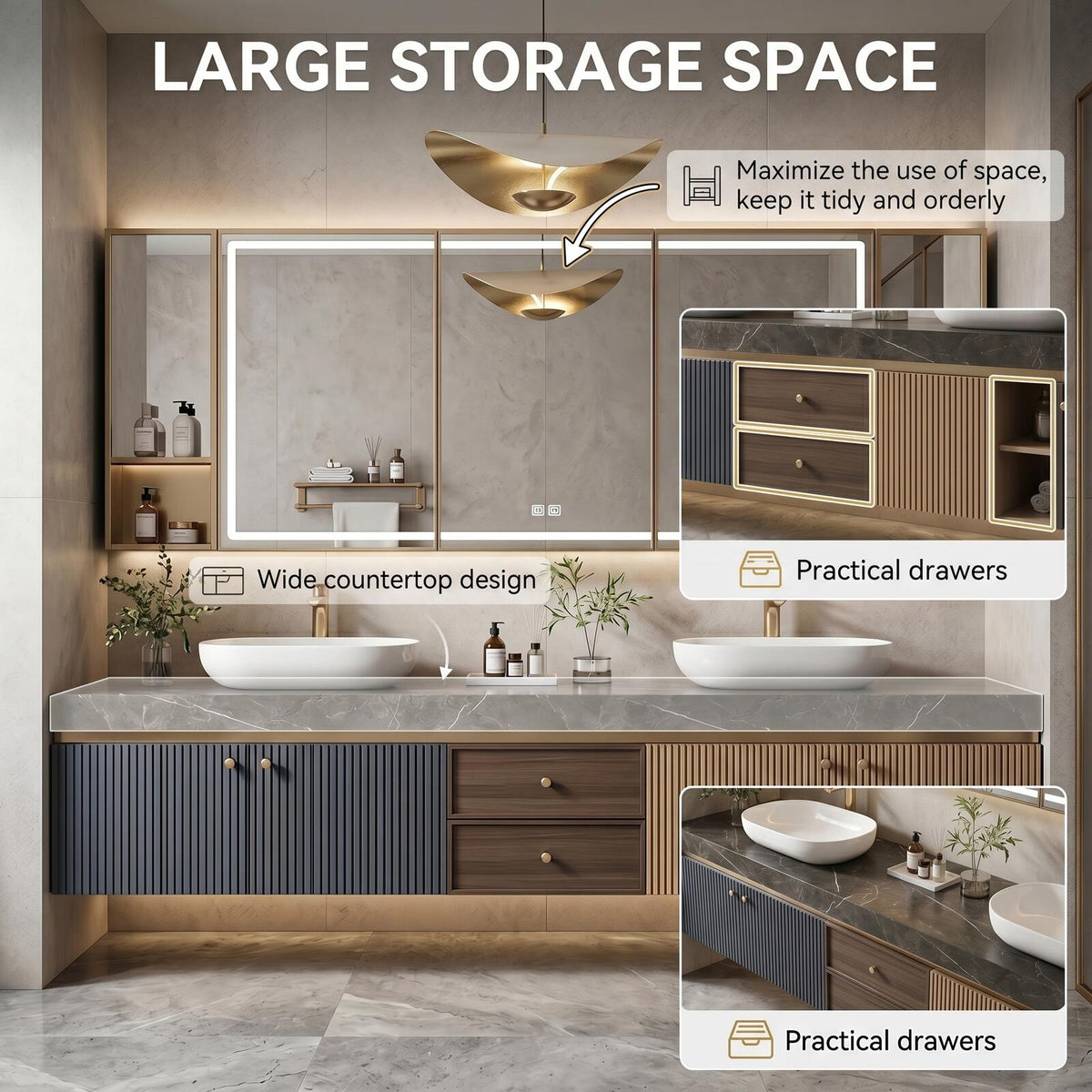 60''-96'' Double Bathroom Vanity with Sink Modern Dark Stone Finish Ribbed Panels