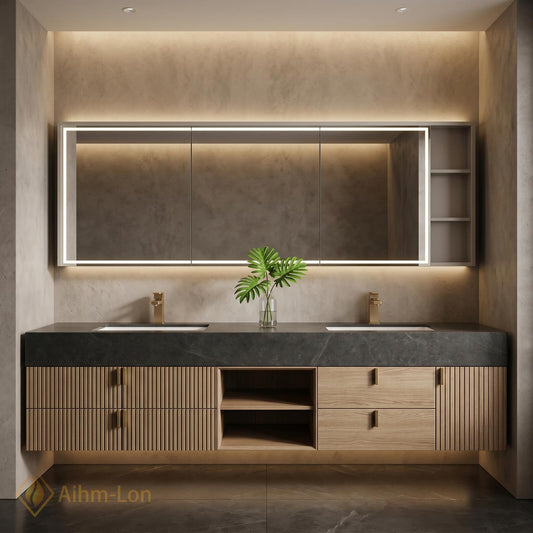70''-96'' Modern Double Bathroom Vanity with Sink Floating Dark Stone Center Slatted