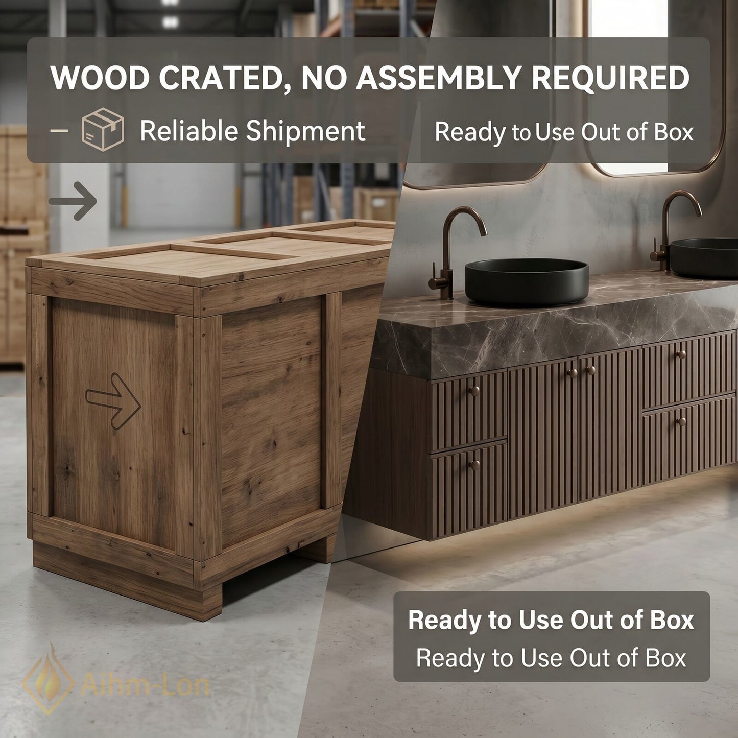 78''-96'' Double Bathroom Vanity with Sink Floating Vessel Dark Wood Slat Doors