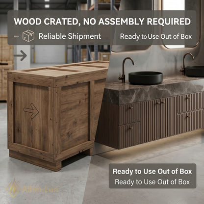 78''-96'' Double Bathroom Vanity with Sink Floating Vessel Dark Wood Slat Doors