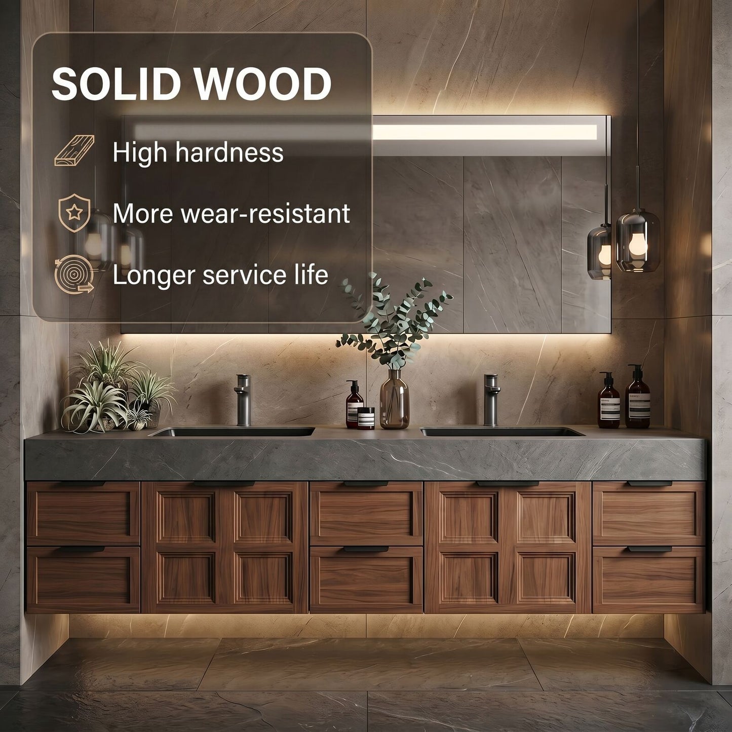 78''-96'' Modern Bathroom Vanity with Sink Double Sink Dark Grey Marble Floating Cabinet
