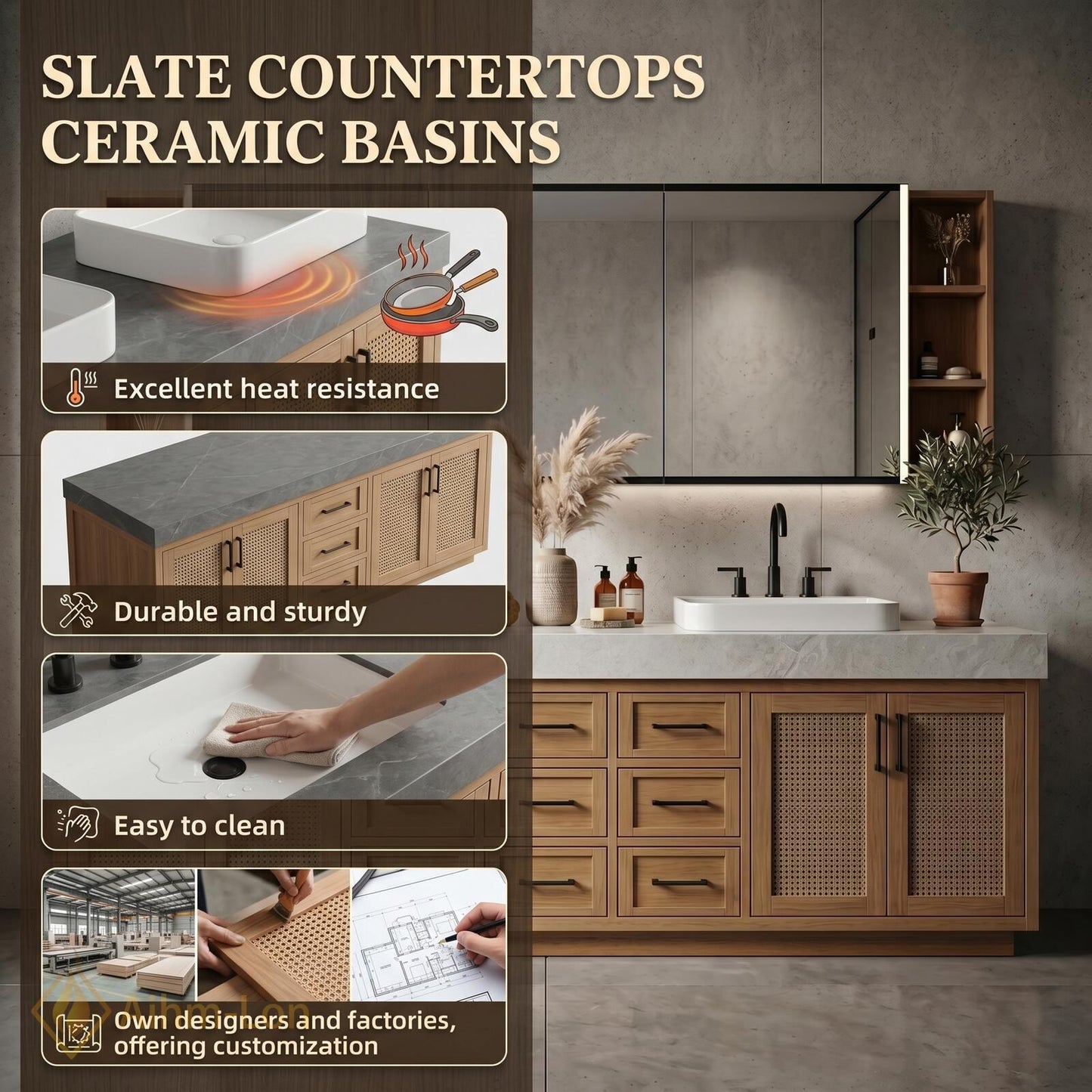 78''-96'' Double Bathroom Vanity with Sink Modern Solid Wood Cane Mesh Storage