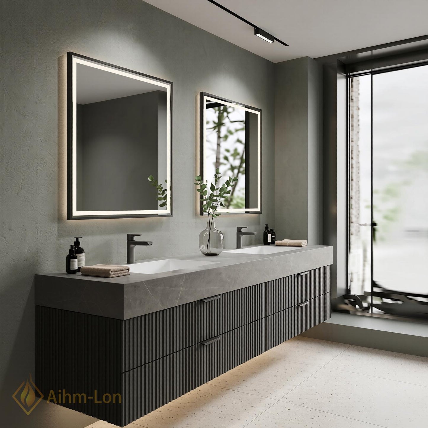 60''-96'' Double Bathroom Vanity with Sink Grey Modern Floating Fluted Drawer Top