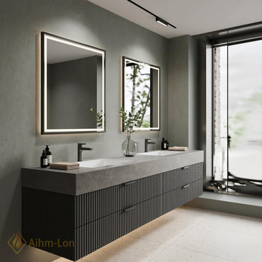 60''-96'' Double Bathroom Vanity with Sink Grey Modern Floating Fluted Drawer Top