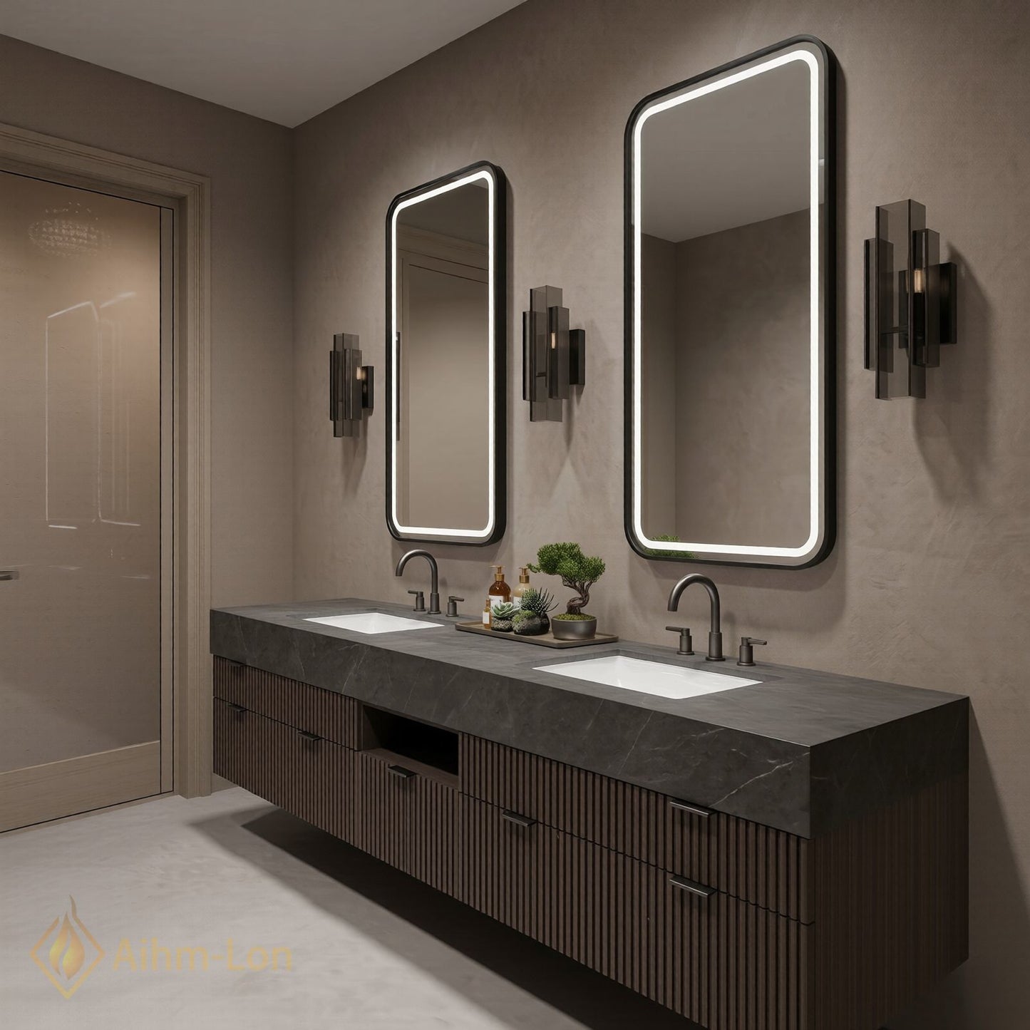 78''-96'' Double Bathroom Vanity with Sink Floating Storage Drawers Dark Stone Modern