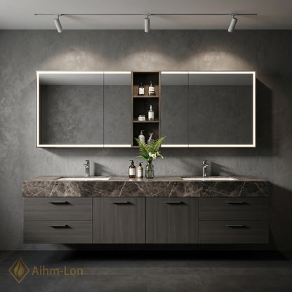 60''-96'' Double Bathroom Vanity with Sink Sleek Floating Dark Grey Stone Mirror