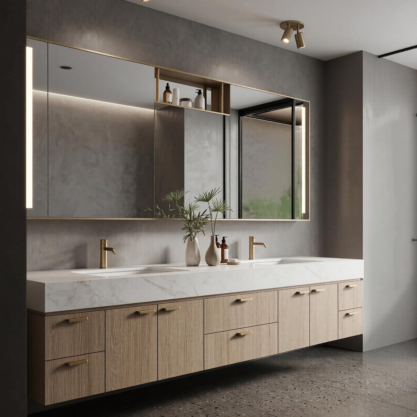 70''-96'' Modern Bathroom Vanity with Sink Floating Double White Marble Oak Wood