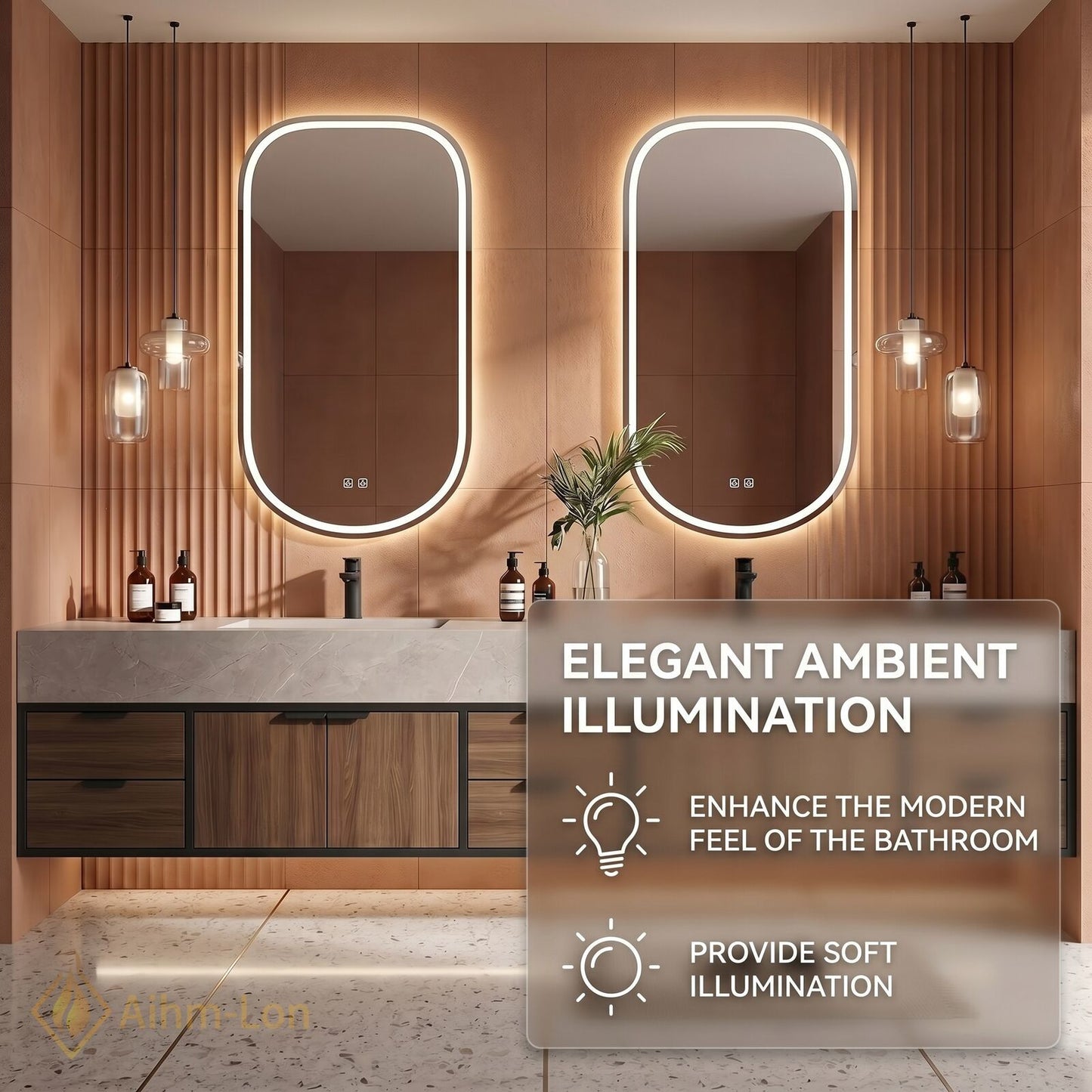 78''-96'' Double Bathroom Vanity with Sink Floating Modern Wood-Grain Sleek Oval Mirrors