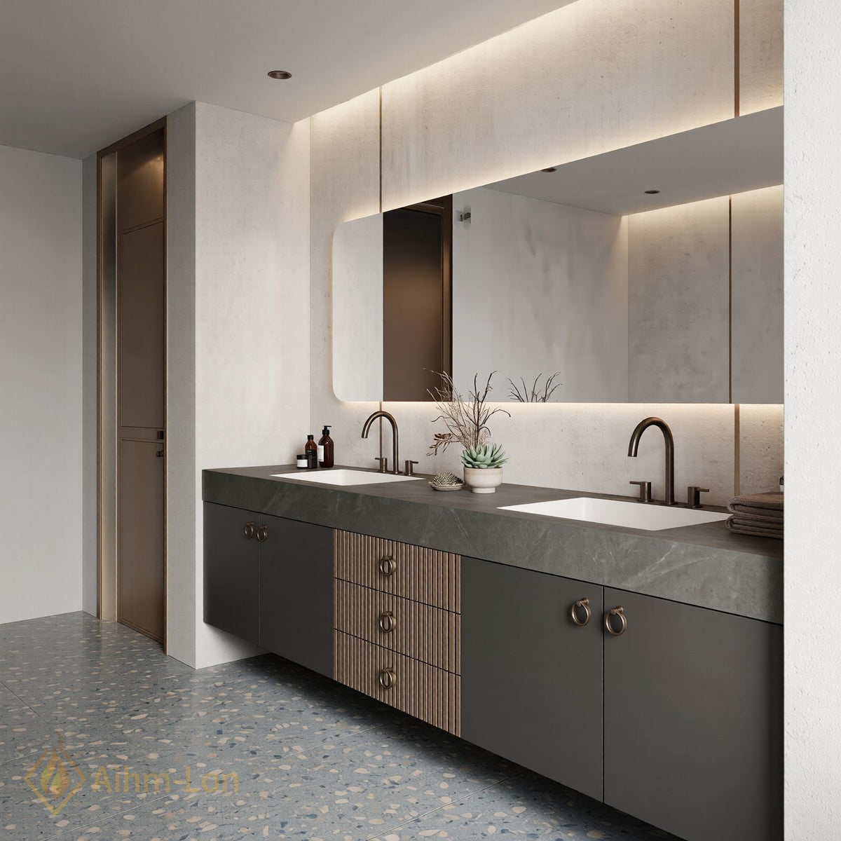 60''-96'' Double Bathroom Vanity with Sink Slatted Wood Panel Dark Gray Finish