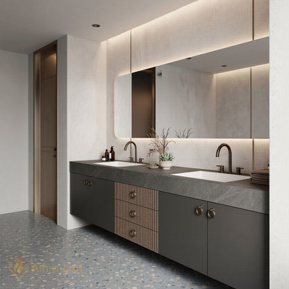 60''-96'' Double Bathroom Vanity with Sink Slatted Wood Panel Dark Gray Finish