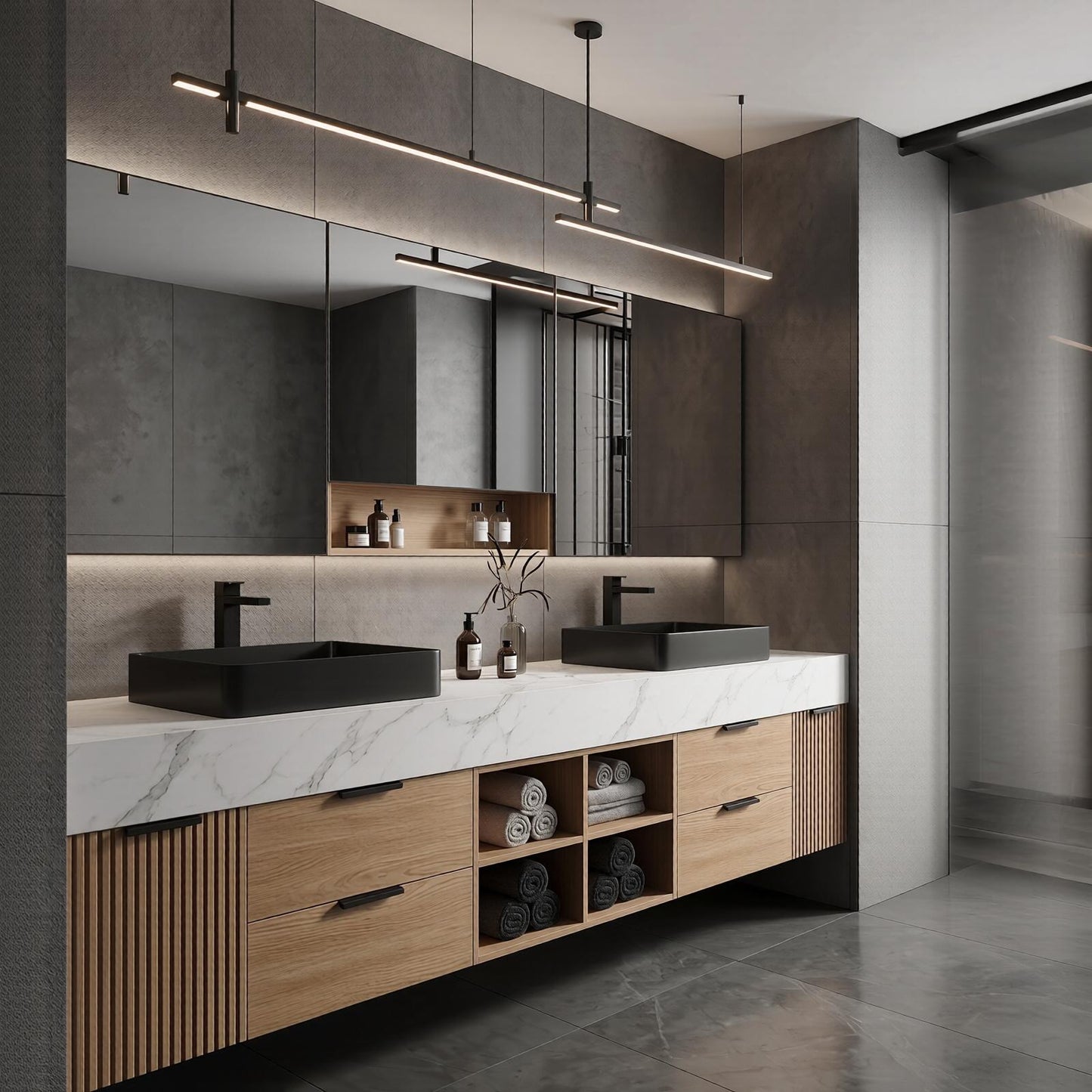 70''-96'' Floating Bathroom Vanity with Sink Double Sink White Marble Light Oak Panels Cabinet
