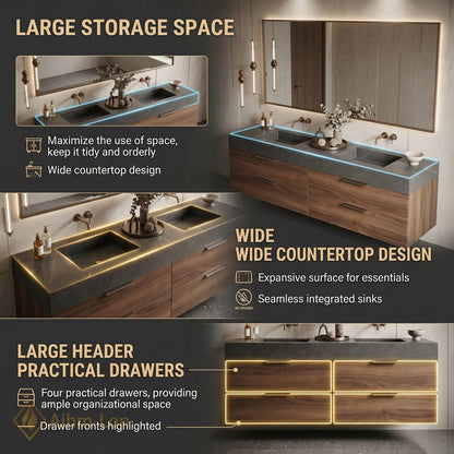 60''-96'' Double Bathroom Vanity with Sink Floating Wall-Mounted Wall-Mount Wood-Grain Finish Illuminated