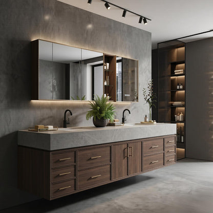 60''-96'' Double Bathroom Vanity with Sink Modern Floating Dark Walnut Slatted Center Panel