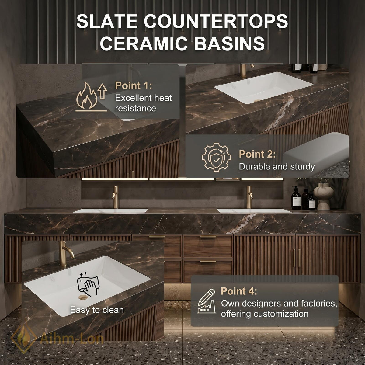 60''-96'' Double Bathroom Vanity with Sink Floating Dark Marble Slatted Center Panel