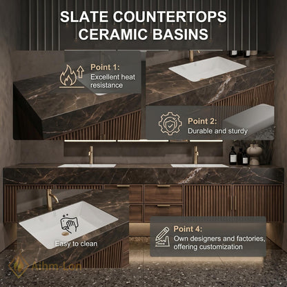 60''-96'' Double Bathroom Vanity with Sink Floating Dark Marble Slatted Center Panel