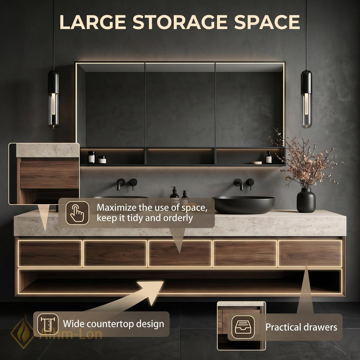 72''-96'' Double Bathroom Vanity with Sink Natural Stone Dark Wood Slab Countertop