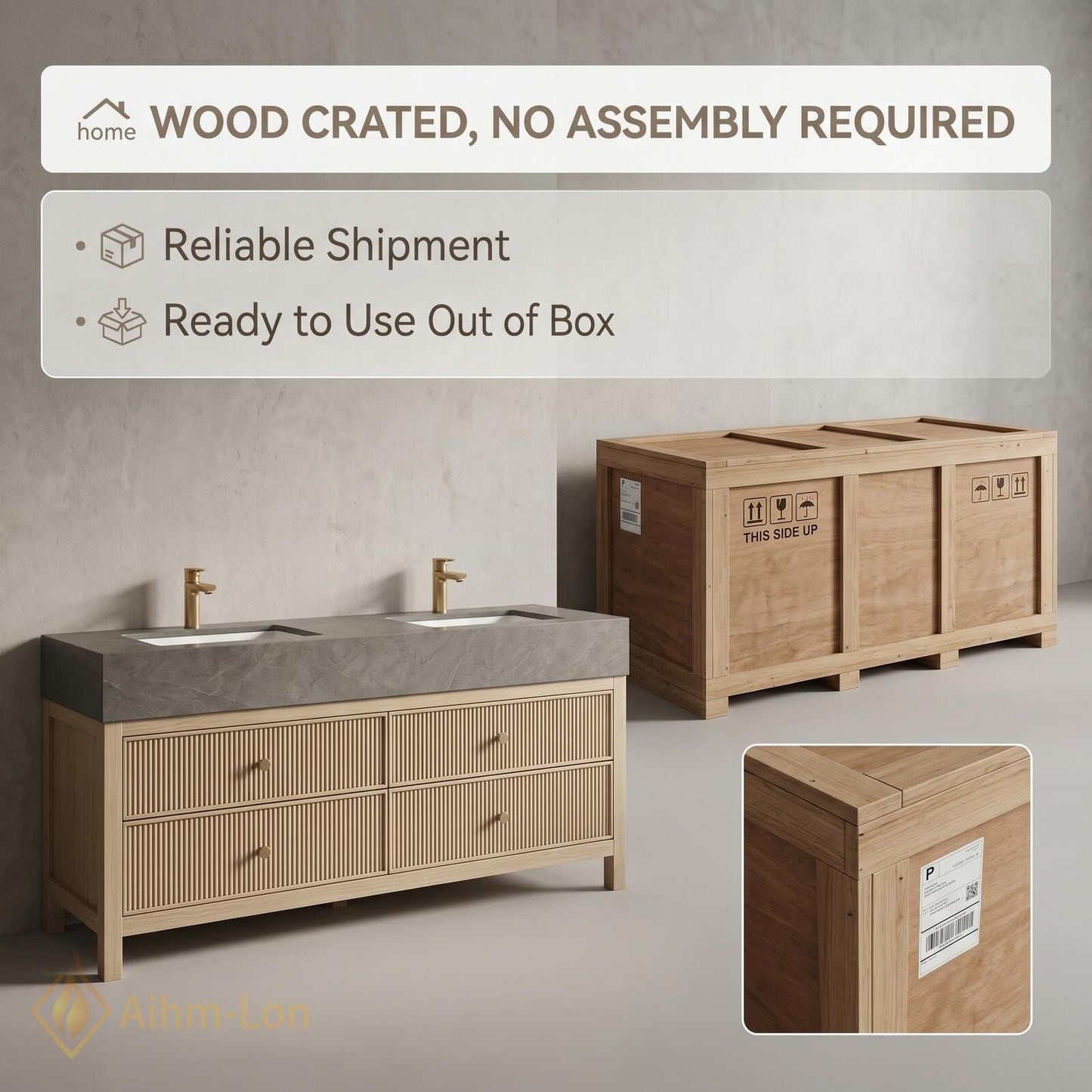 60''-96'' Modern Double Bathroom Vanity with Sink Light Wood Fluted Drawer Fronts