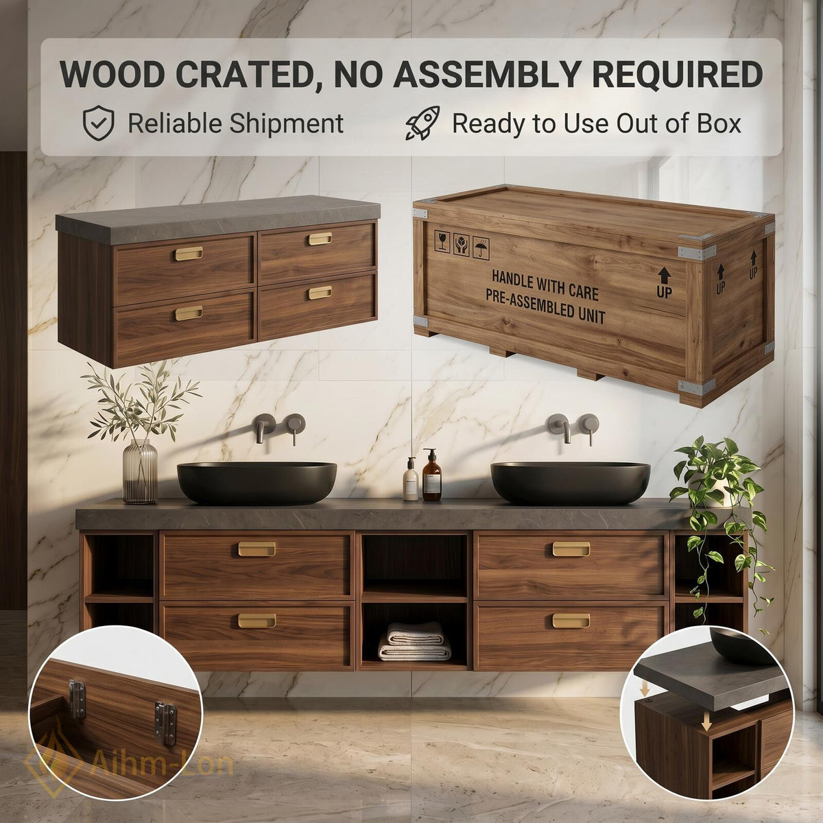 60''-96'' Double Bathroom Vanity with Sink Modern Floating Dark Walnut Open Shelving