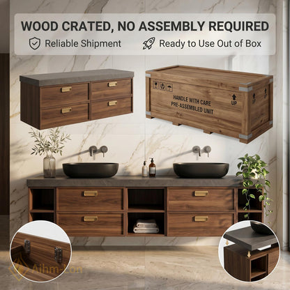 60''-96'' Double Bathroom Vanity with Sink Modern Floating Dark Walnut Open Shelving