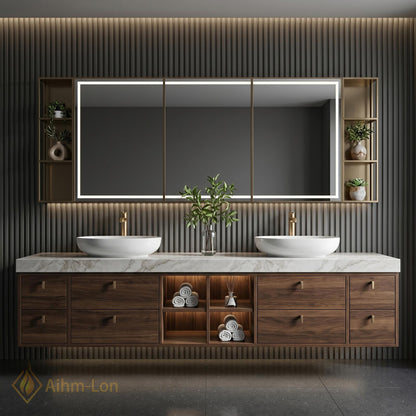 70''-96'' Bathroom Vanity with Sink Modern Floating Marble Top Warm Walnut Finish