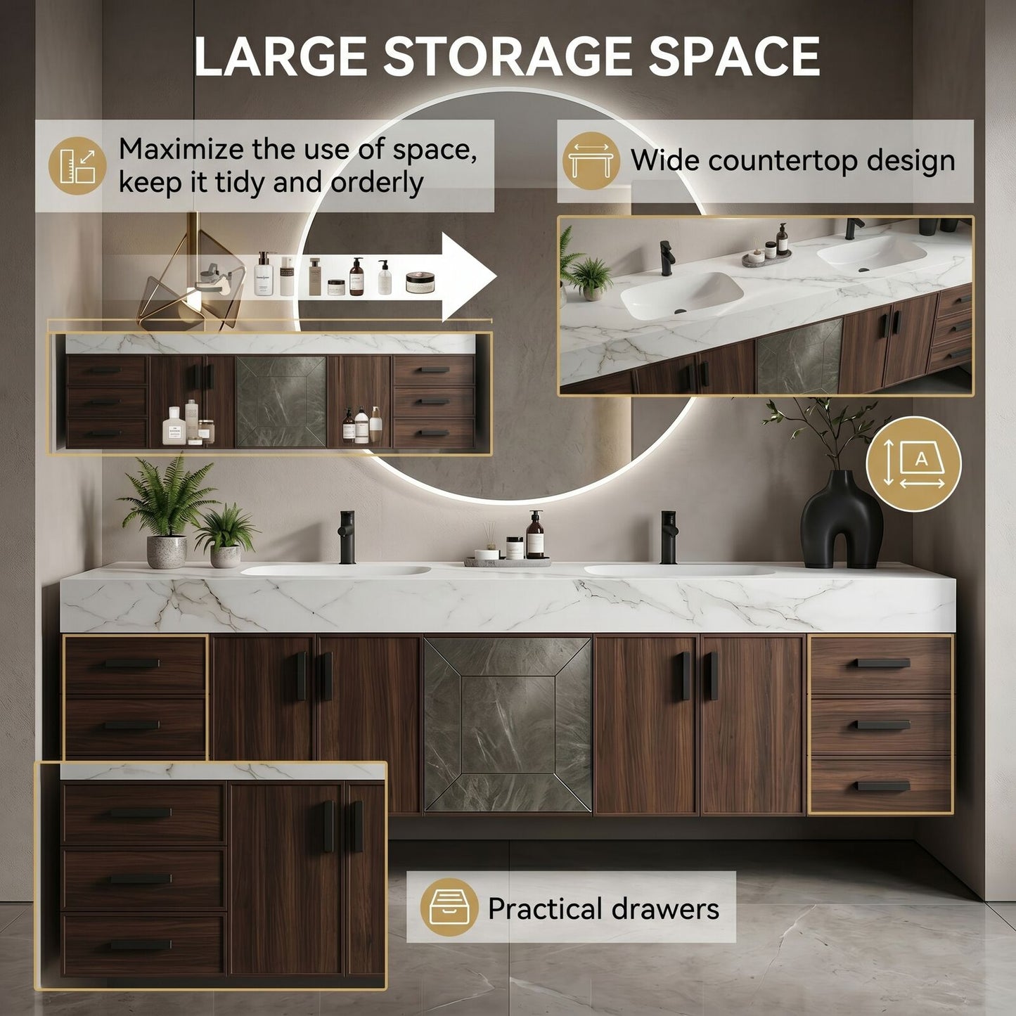 78''-96'' Modern Bathroom Vanity with Sink Double Sink Dark Wood Frame Round Mirror Cabinet