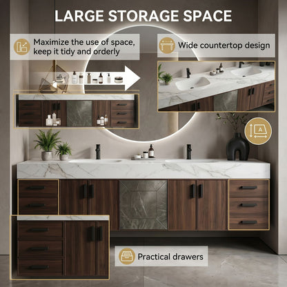 78''-96'' Modern Bathroom Vanity with Sink Double Sink Dark Wood Frame Round Mirror Cabinet