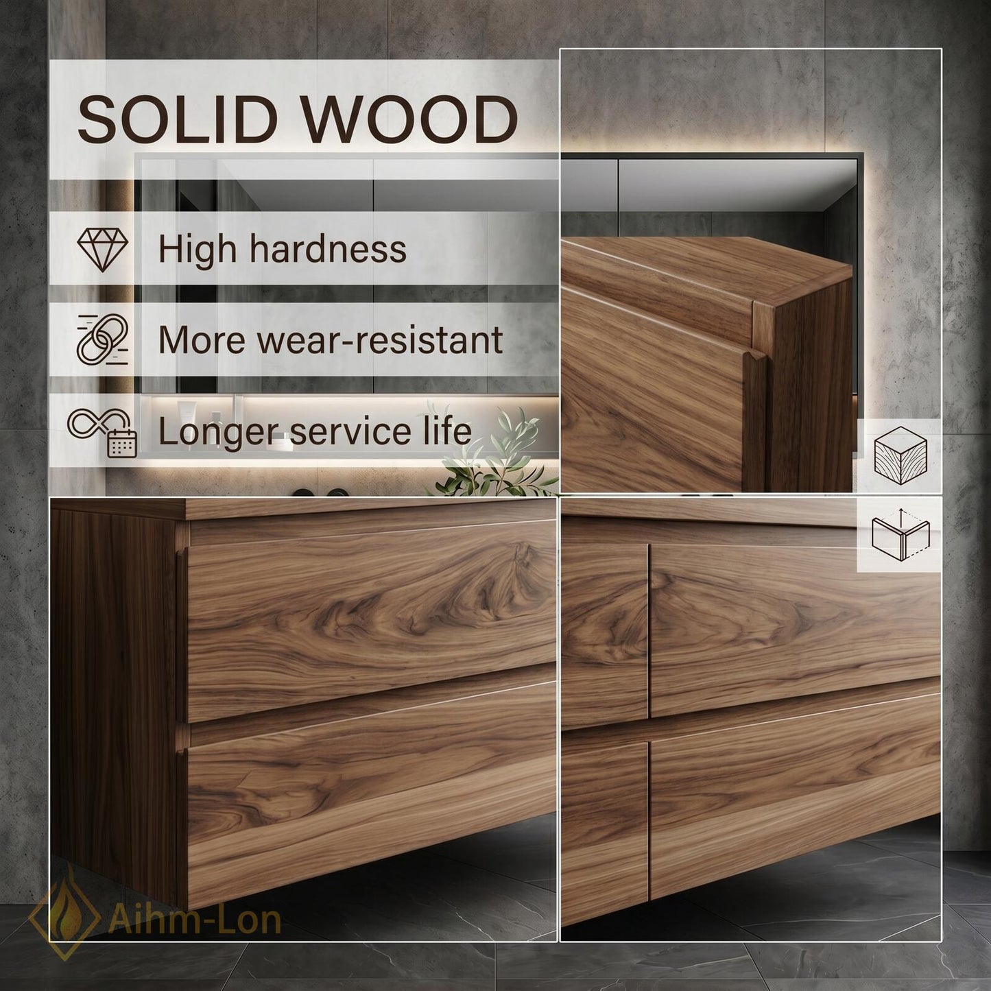 60''-96'' Double Bathroom Vanity with Sink Dark-Walnut Modern Floating Drawers Stone