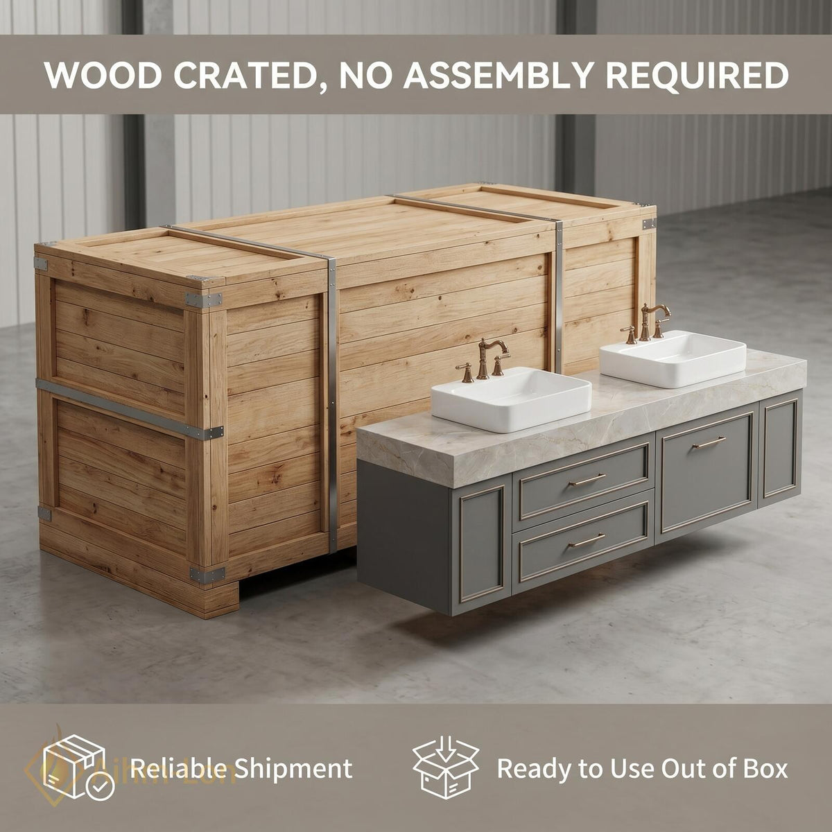 60''-96'' Double Bathroom Vanity with Sink Modern Gray Marble Top Spacious Storage