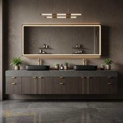 60''-96'' Double Bathroom Vanity with Sink Dark Walnut Floating Slatted Modern Finish