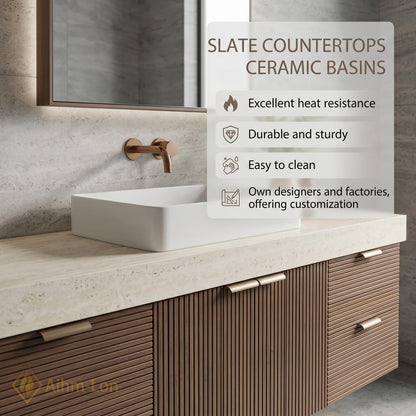 60''-96'' Modern Floating Bathroom Vanity with Sink Slatted Wood Large Mirror Cabinet