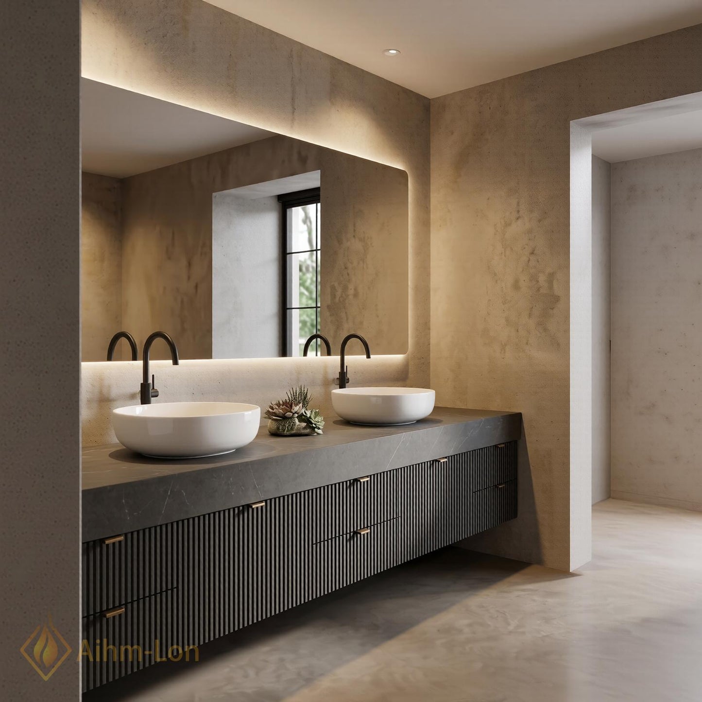 70''-96'' Double Bathroom Vanity with Sink Dark Modern Floating Slatted-Panels Stone