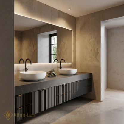 70''-96'' Double Bathroom Vanity with Sink Dark Modern Floating Slatted-Panels Stone