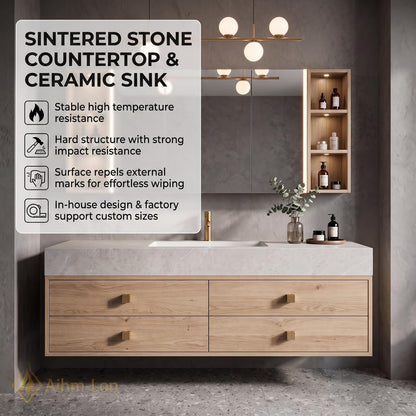 36''-110'' Floating Bathroom Vanity with Sink Wall-Mounted Design Light Wood Grain