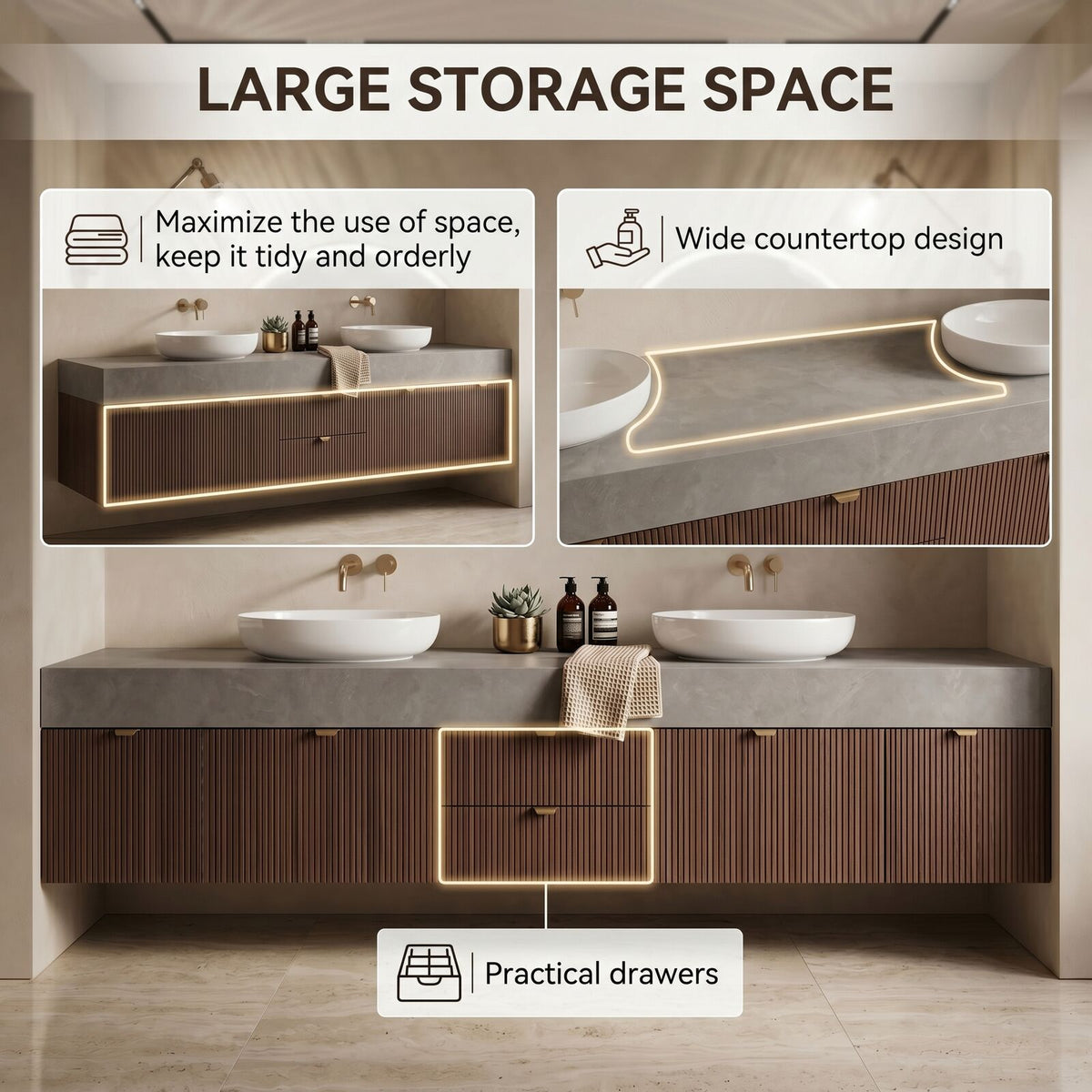 60''-96'' Double Bathroom Vanity with Sink Ribbed Wood Panels Warm Walnut Finish