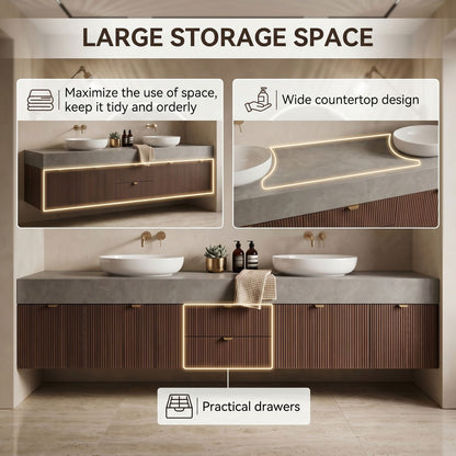 60''-96'' Double Bathroom Vanity with Sink Ribbed Wood Panels Warm Walnut Finish