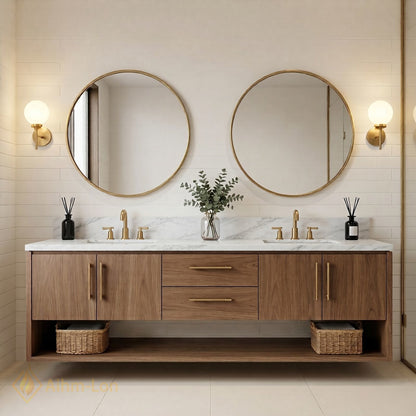 60''-96'' Double Bathroom Vanity with Sink Wood Grain Marble Pattern Dual Open Shelves Cabinet