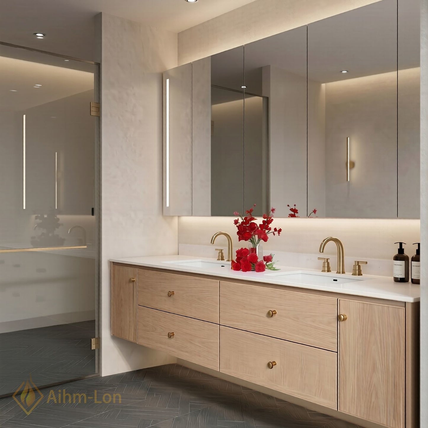 60''-96'' Floating Bathroom Vanity with Sink Solid Wood Grain Four Wide Drawers Cabinet