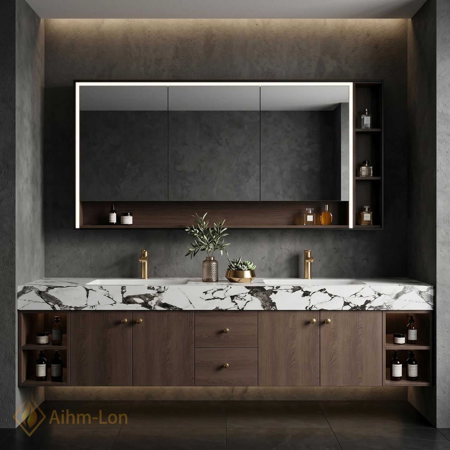 70''-96'' Floating Double Bathroom Vanity with Sink Dark Walnut Slatted Center Panel